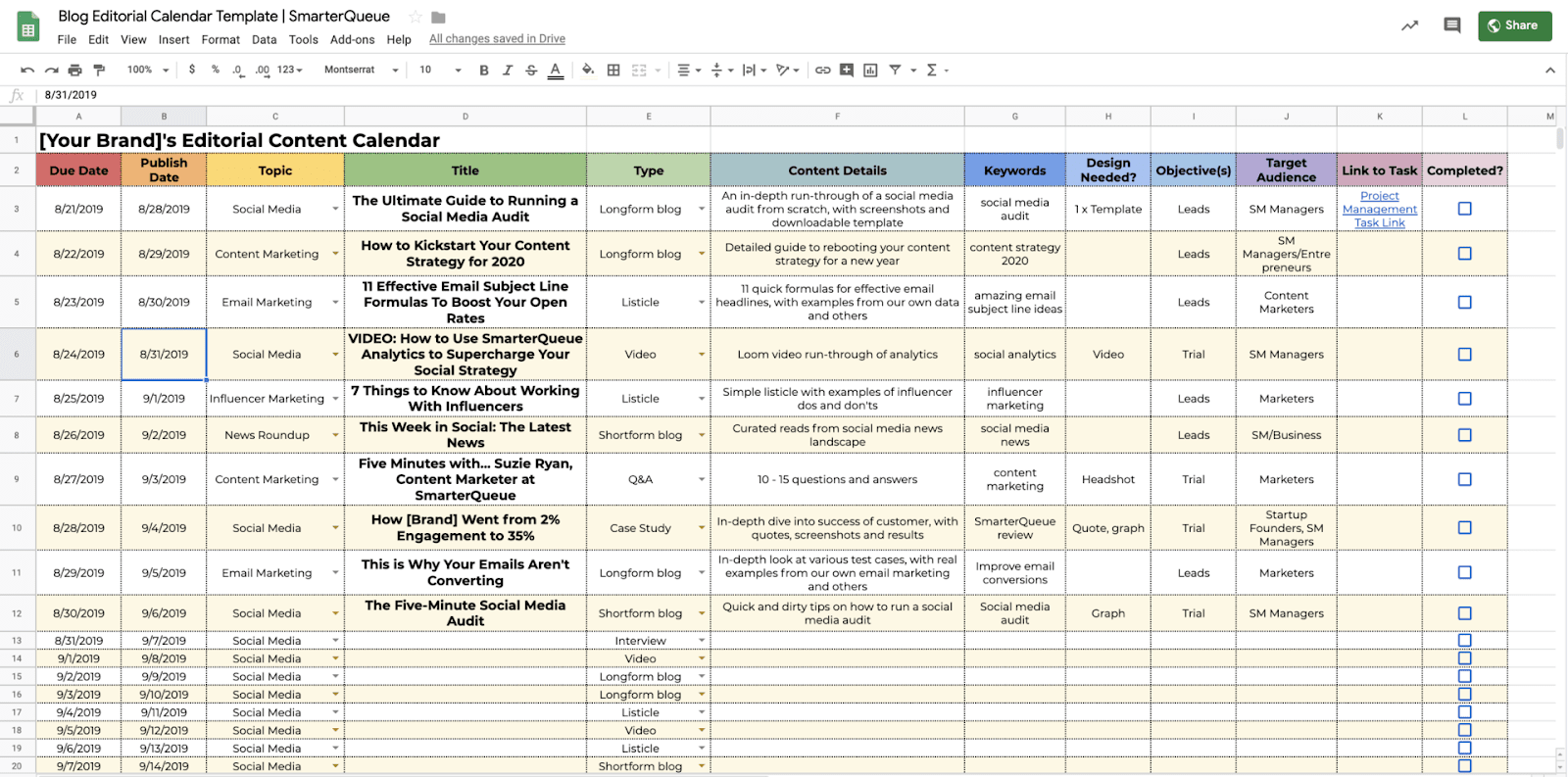 Content calendar template