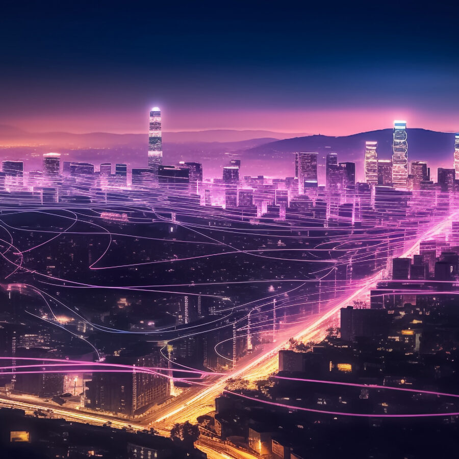 a mesmerizing urban landscape where the future meets artistry. Vivid purple and pink tones create a striking ambiance, enhanced by a digital line network and web effect generative AI.